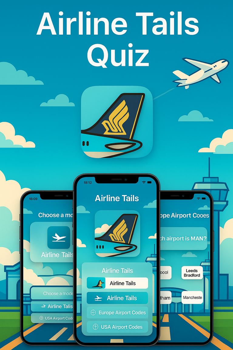 Airline Tails Quiz on iPhone, showing the mode menu, an airline tail question and an airport code question