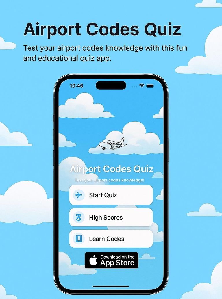 Airport Codes Quiz on iPhone, showing the Start Quiz, High Scores and Learn Codes menu